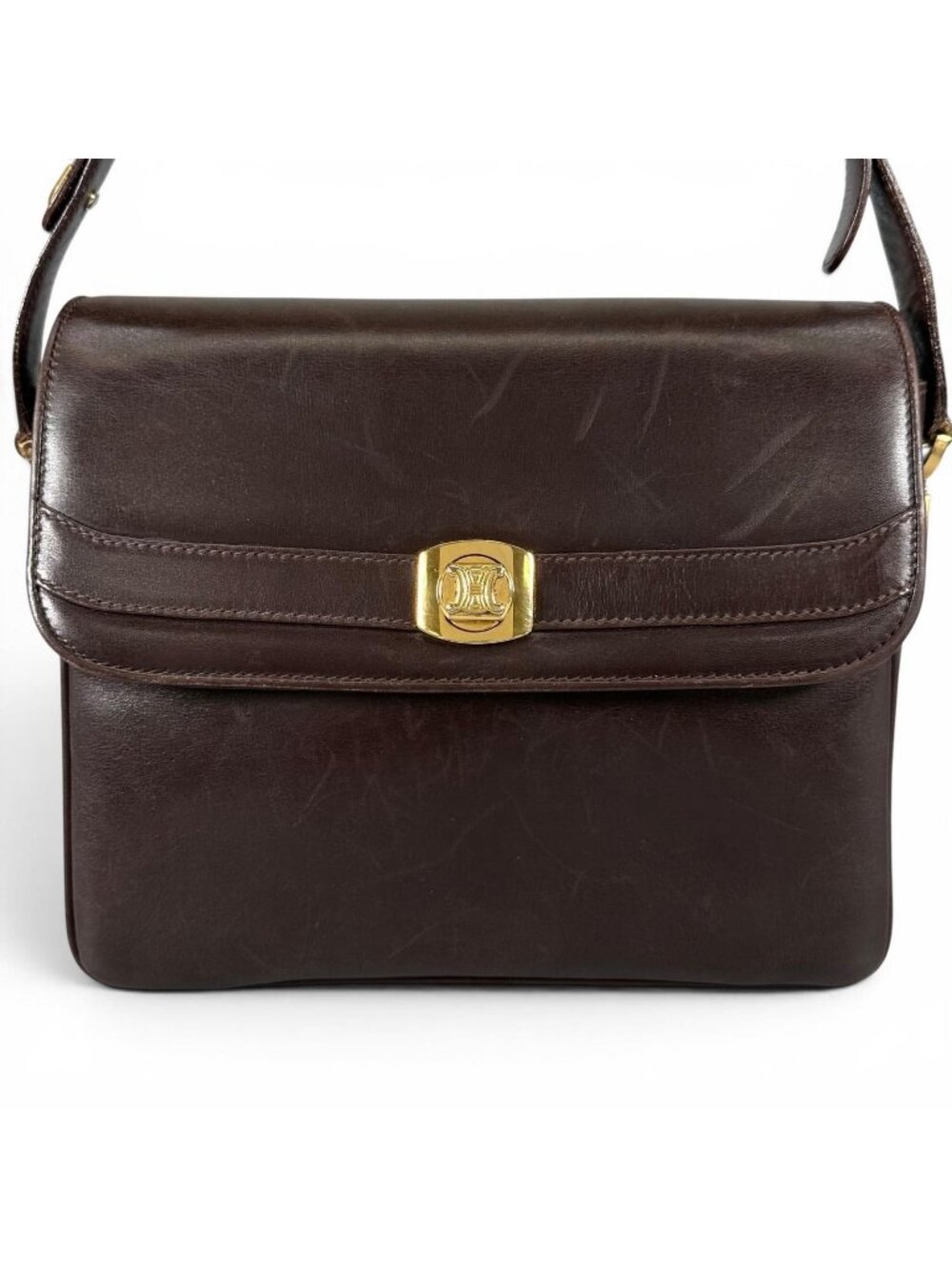 Celine Vintage Trinoff Leather Handbag Brown Gold